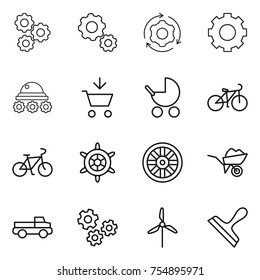 thin line icon set : gear, around, lunar rover, add to cart, baby stroller, bike, handwheel, wheel, wheelbarrow, pickup, gears, windmill, scraper