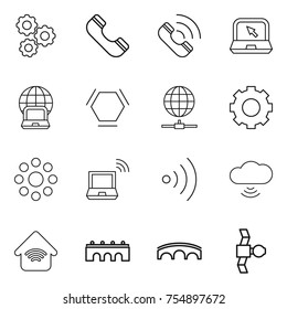 thin line icon set : gear, phone, call, notebook, globe, hex molecule, connect, round around, wireless, cloud, home, bridge, satellite