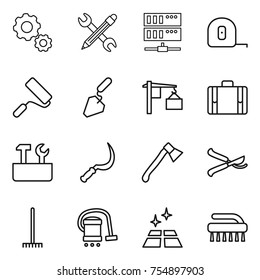 thin line icon set : gear, pencil wrench, server, measuring tape, repair, construction, loading, suitcase, tools, sickle, axe, pruner, rake, vacuum cleaner, clean floor, brush