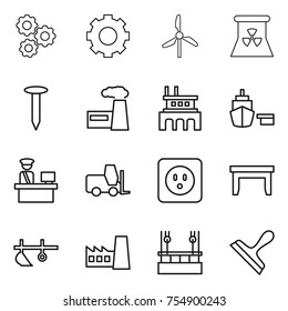 thin line icon set : gear, windmill, nuclear power, nail, factory, port, customs control, fork loader, socket, table, plow, skysrcapers cleaning, scraper