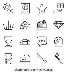thin line icon set : gear, annual report, star, gift, basket, sale, cashbox, diamond, wineglass, greenhouse, sms, alarm, chair, slippers, big fork, tooth brush