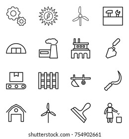 thin line icon set : gear, sun power, windmill, tools, hangare, factory, construction, transporter tape, pallet, plow, sickle, barn, scraper, garbage bin