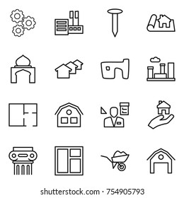 thin line icon set : gear, store, nail, project, minaret, houses, slum, city, plan, house, architector, real estate, antique column, window, wheelbarrow, barn