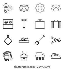thin line icon set : gear, team, group, tools, nail, suitcase, rag, soil cutter, shovel, pruner, vacuum cleaner, house cleaning, brush, iron