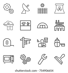 thin line icon set : gear, satellite antenna, sun power, nuclear, factory filter, tools, hangar, measuring tape, tower crane, architecture, port, microwave oven, gears, wrench, scraper