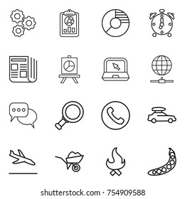 thin line icon set : gear, report, circle diagram, alarm clock, newspaper, presentation, notebook, globe connect, discussion, magnifier, phone, car baggage, arrival, wheelbarrow, fire, peas