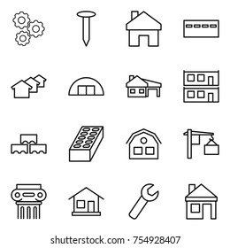 thin line icon set : gear, nail, home, bunker, houses, hangare, house with garage, modular, block wall, brick, loading, antique column, wrench