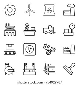 thin line icon set : gear, windmill, nuclear power, factory, customs control, fork loader, warehouse scales, transporter tape, socket, gears, water pump, skysrcapers cleaning, skyscrapers, scraper