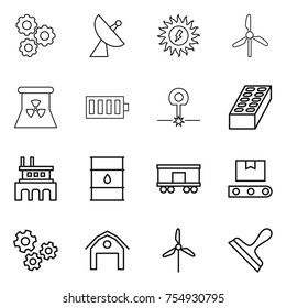 thin line icon set : gear, satellite antenna, sun power, windmill, nuclear, battery, laser, brick, factory, barrel, railroad shipping, transporter tape, gears, barn, scraper