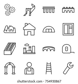 thin line icon set : gear, greate wall, bridge, project, home, hangare, window, brick, city, measuring tape, arch, workman, stairs, wrench