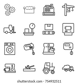 thin line icon set : gear, electrostatic, cashbox, tower crane, fork loader, warehouse scales, transporter tape, atm, washing machine, mixer, coffee maker, soil cutter, tractor, trash truck