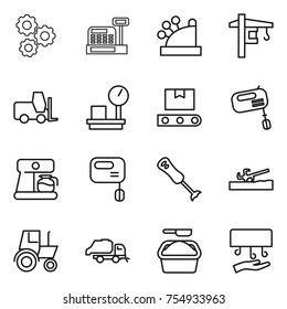 thin line icon set : gear, cashbox, tower crane, fork loader, warehouse scales, transporter tape, mixer, coffee maker, blender, soil cutter, tractor, trash truck, washing powder, hand dryer