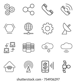 thin line icon set : gear, share, phone, call, hex molecule, globe connect, satellite antenna, notebook, server, cloude service, cloud wireless, home, mobile pay