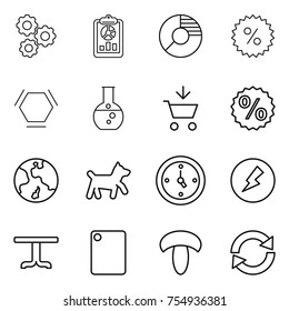 thin line icon set : gear, report, circle diagram, percent, hex molecule, round flask, add to cart, earth, dog, watch, electricity, table, cutting board, mushroom, reload