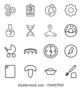 thin line icon set : gear, report, circle diagram, round flask, dna, car pointer, donut, baby stroller, bridge, watch, electricity, cutting board, mushroom, foam basin, toilet brush