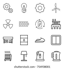thin line icon set : gear, bulb, windmill, nuclear, battery, charge, factory, gas station, barrel, jet ski, power switch, radiator, floor lamp, kettle