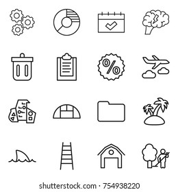 thin line icon set : gear, circle diagram, calendar, brain, bin, clipboard, percent, journey, modern architecture, greenhouse, documents, island, shark flipper, stairs, barn, garden cleaning