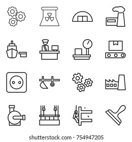 thin line icon set : gear, nuclear power, hangare, factory, port, customs control, warehouse scales, transporter tape, socket, plow, gears, water pump, skysrcapers cleaning, skyscrapers, scraper