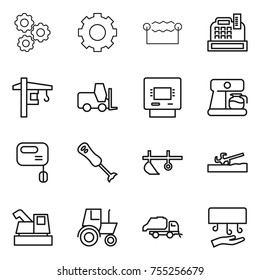 thin line icon set : gear, electrostatic, cashbox, tower crane, fork loader, atm, coffee maker, mixer, blender, plow, soil cutter, harvester, tractor, trash truck, hand dryer