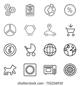 thin line icon set : gear, report, circle diagram, percent, hex molecule, car pointer, add to cart, info, baby stroller, globe, dog, ring button, grill oven, wheel