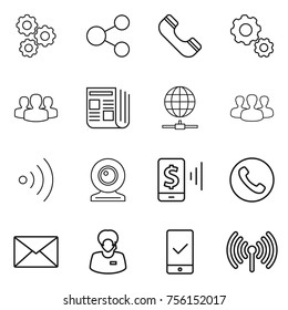 Thin line icon set : gear, share, phone, group, newspaper, globe connect, wireless, web cam, mobile pay, mail, support manager, checking