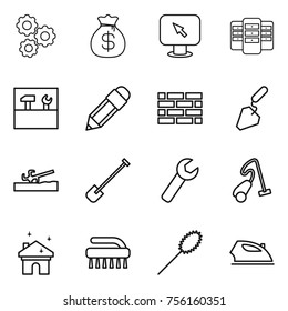 Thin line icon set : gear, money bag, monitor arrow, server, tools, pencil, brick wall, construction, soil cutter, shovel, wrench, vacuum cleaner, house cleaning, brush, duster, iron