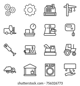 Thin line icon set : gear, cashbox, tower crane, fork loader, warehouse scales, coffee maker, mixer, blender, harvester, tractor, trash truck, utility room, washing machine, hand dryer