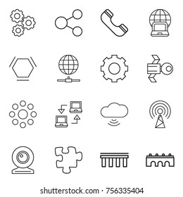 Thin line icon set : gear, share, phone, notebook globe, hex molecule, connect, satellite, round around, cloud wireless, antenna, web cam, puzzle, bridge
