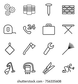 Thin line icon set : gear, server, nail, brick wall, measuring tape, phone 24, suitcase, iron board, rag, axe, wrench, rake, vacuum cleaner, clothespin