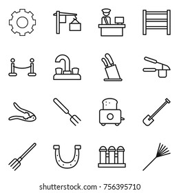 Thin line icon set : gear, loading, customs control, rack, vip fence, water tap, stands for knives, garlic clasp, walnut crack, big fork, toaster, shovel, horseshoe, grain elevator, rake