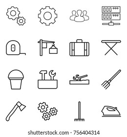 Thin line icon set : gear, group, server, measuring tape, loading, suitcase, iron board, bucket, repair tools, soil cutter, fork, axe, gears, rake
