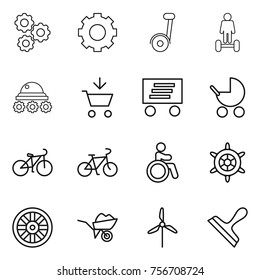 thin line icon set : gear, segway, hoverboard, lunar rover, add to cart, delivery, baby stroller, bike, invalid, handwheel, wheel, wheelbarrow, windmill, scraper