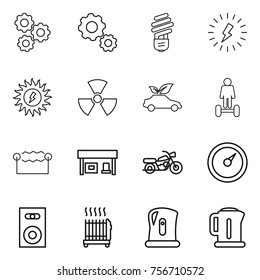 thin line icon set : gear, bulb, lightning, sun power, nuclear, eco car, hoverboard, electrostatic, gas station, motorcycle, barometer, speaker, radiator, kettle