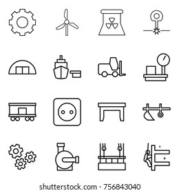 Thin line icon set : gear, windmill, nuclear power, laser, hangare, port, fork loader, warehouse scales, railroad shipping, socket, table, plow, gears, water pump, skysrcapers cleaning, skyscrapers