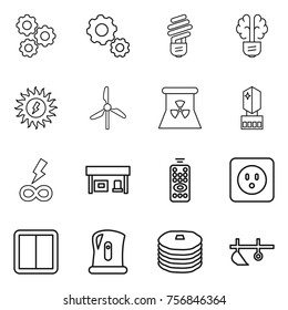 Thin line icon set : gear, bulb, brain, sun power, windmill, nuclear, crystall memory, infinity, gas station, remote control, socket, switch, kettle, pancakes, plow