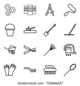 Thin line icon set : gear, server, draw compass, repair, bucket, soil cutter, shovel, rake, wheelbarrow, pruner, vacuum cleaner, gloves, brush, duster