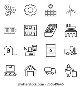 Thin line icon set : gear, sun power, windmill, battery, modular house, brick, factory, measuring tape, architector, barrel, fork loader, transporter, barn, sweeper, garbage bin