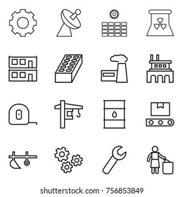 Thin line icon set : gear, satellite antenna, sun power, nuclear, modular house, brick, factory, measuring tape, tower crane, barrel, transporter, plow, gears, wrench, garbage bin