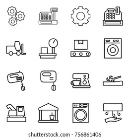 Thin line icon set : gear, cashbox, fork loader, warehouse scales, transporter tape, washing machine, mixer, coffee maker, soil cutter, harvester, utility room, hand dryer