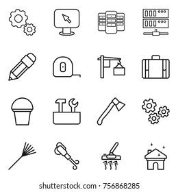 Thin line icon set : gear, monitor arrow, server, pencil, measuring tape, loading, suitcase, bucket, repair tools, axe, gears, rake, blower, vacuum cleaner, house cleaning