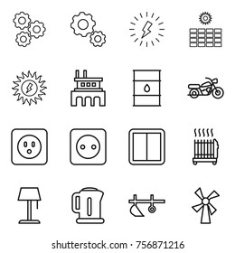 Thin line icon set : gear, lightning, sun power, factory, barrel, motorcycle, socket, switch, radiator, floor lamp, kettle, plow, windmill