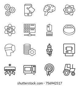 Thin line icon set : gear, touch, brain, atom, server, crystal memory, smart bracelet, virtual mask, mining, spark plug, atm, air conditioning, microwave oven, electric, tractor
