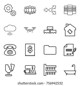 Thin line icon set : gear, team, core splitting, server, cloud wireless, drone, block wall, smart house, phone, tax, documents, inventory, broken, coffee maker, watering, bath