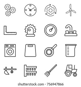 Thin line icon set : gear, clock, around, windmill, ruler, alarm, barometer, water tap, washing machine, cutting board, pan, measuring cup, plow, watering, fork, tractor