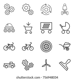 Thin line icon set : gear, around, hoverboard, lunar rover, add to cart, delivery, baby stroller, bike, wheel, wheelbarrow, pickup, gears, windmill, scraper