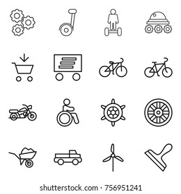 Thin line icon set : gear,  hoverboard, lunar rover, add to cart, delivery, bike, motorcycle, invalid, handwheel, wheel, wheelbarrow, pickup, windmill, scraper