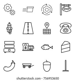 Thin line icon set : gear, delivery, around, shop signboard, spark plug, road, map, phone, double boiler, food processor, fish, cake, eggplant, trailer, acorn, rake