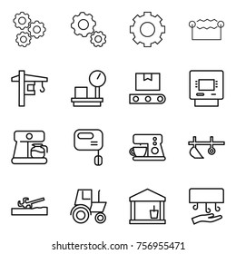 Thin line icon set : gear, electrostatic, tower crane, warehouse scales, transporter tape, atm, coffee maker, mixer, plow, soil cutter, tractor, utility room, hand dryer