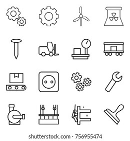 Thin line icon set : gear, windmill, nuclear power, nail, fork loader, warehouse scales, railroad shipping, transporter tape, socket, gears, wrench, water pump, skysrcapers cleaning, skyscrapers