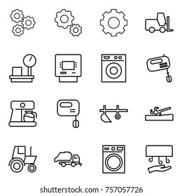 Thin line icon set : gear, fork loader, warehouse scales, atm, washing machine, mixer, coffee maker, plow, soil cutter, tractor, trash truck, hand dryer